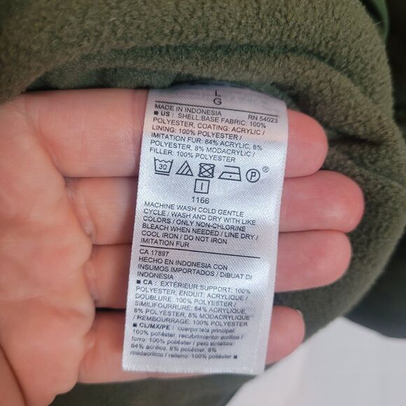 Old Navy Long Puffer Jacket Women's Size Large Green Faux Fur Trim Outdoor READ - Picture 9 of 13